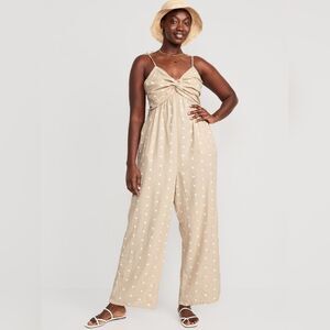 NWT Tan Linen Blend Polkadot Tie Shoulder Cropped Twist Front Smocked Jumpsuit